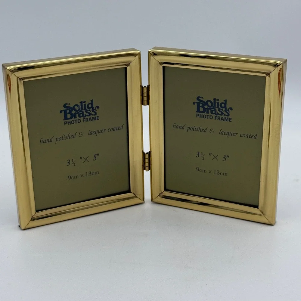 Solid Brass Double Photo Frame Hinged Folding Gold 3.5x5 Hand Polished Lacquer